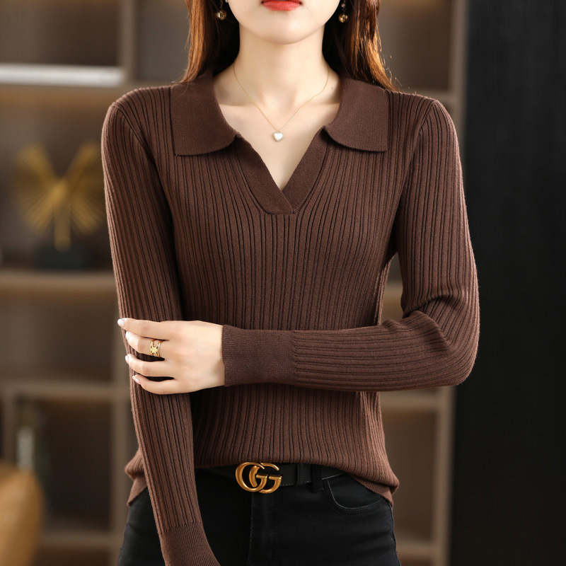 Temperament Lapel Solid Color Bottoming Shirt Autumn Women's Wear With Knitted Sweater Slim Fit Mercerized Cotton Sweater