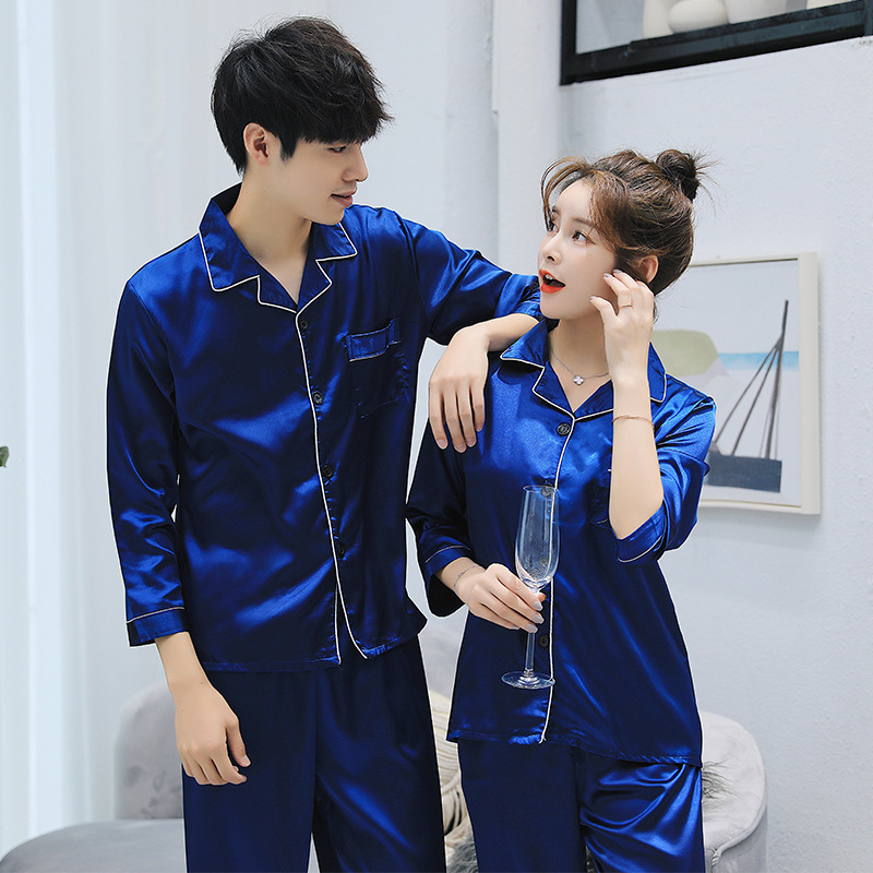 Directo de fábrica pareja pijamas de las mujeres primavera y otoño simple color sólido de seda de hielo de manga larga de seda artificial de los hombres desgaste del hogar traje