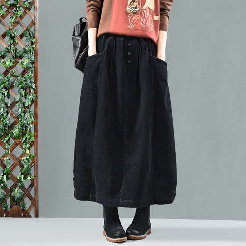 Retro Artistic Mid-Length Autumn/Winter Women's Skirt—Patchwork Pocket Corduroy Bud Skirt, Slimming A-Line Skirt