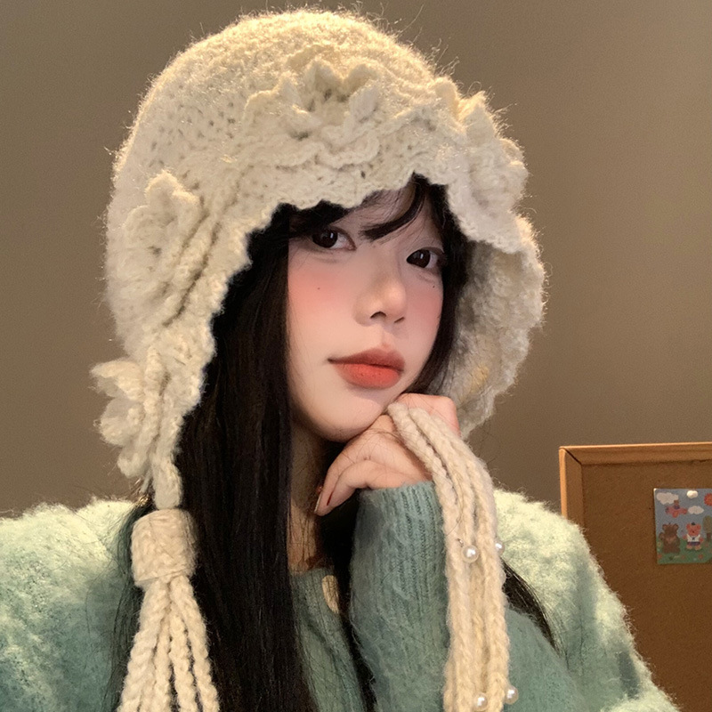 立体花朵手工针织帽女秋冬韩系显脸小珍珠流苏毛线帽保暖包头帽子|undefined