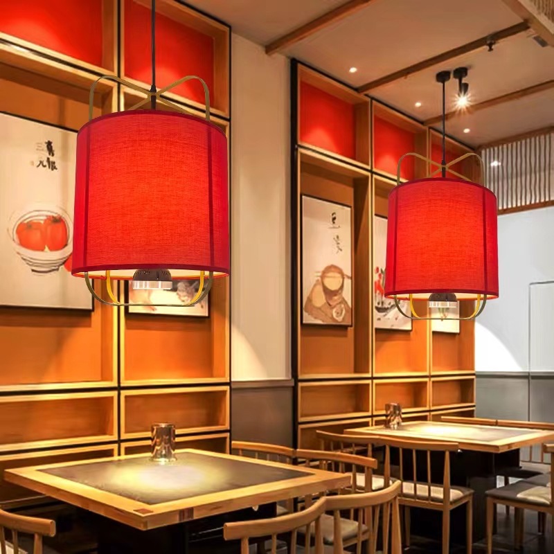 新中式吊灯红色仿羊皮中国风带射灯火锅店饭店餐厅灯笼复古茶楼