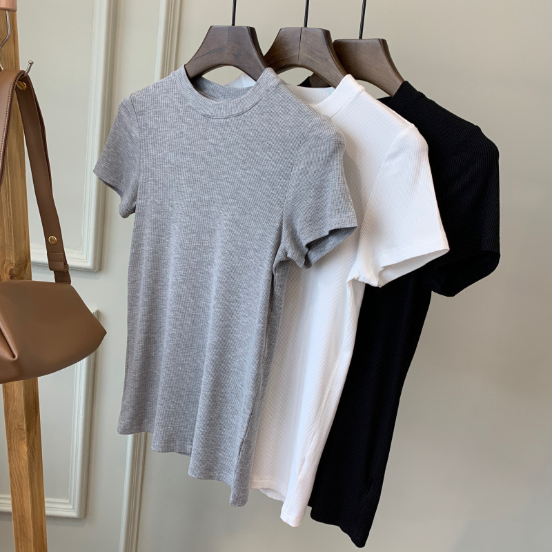 B- in soft thread pit straight shoulder collarbone short sleeve t-shirt women's summer slim fit slimming versatile round neck half sleeve B- in soft thread pit straight shoulder collarbone short sleeve t-shirt women's summer slim fit slimming versatile round neck half sleeve