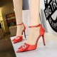 9863-H28 Hollow Shoes Women's Shoes High Heels Shallow Mouth Pointed Hollow Satin Pearl Bow Strap Sandals