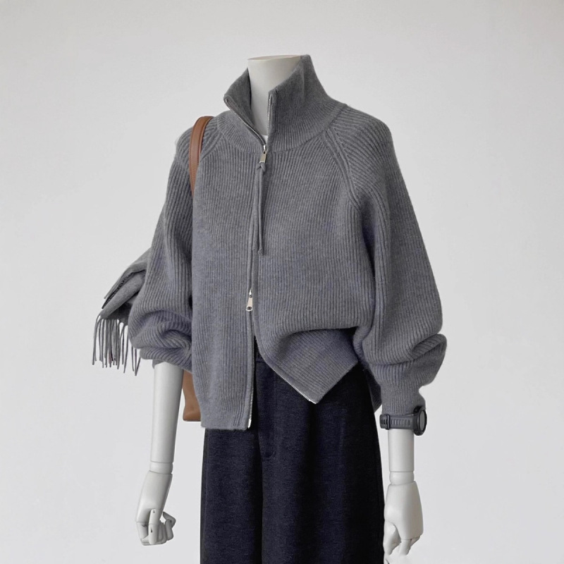 Double Zipper Gray Turtleneck Knitted Cardigan for Women Autumn and Winter New Loose Lazy Style Sweater Jacket Thickeneded Top Double Zipper Gray Turtleneck Knitted Cardigan for Women Autumn and Winter New Loose Lazy Style Sweater Jacket Thickeneded Top