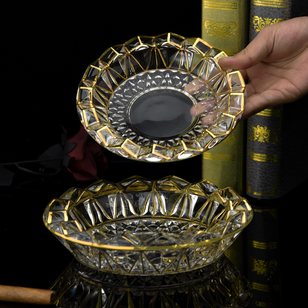 描金水晶玻璃烟灰缸 捷克家居创意茶几装饰品摆件 轻奢风客厅摆件