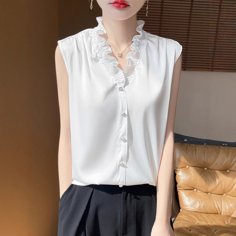 2025 Acetic Acid Satin Elegant V-neck Top All-match Solid Color Shirt New French Vest Sleeveless Shirt