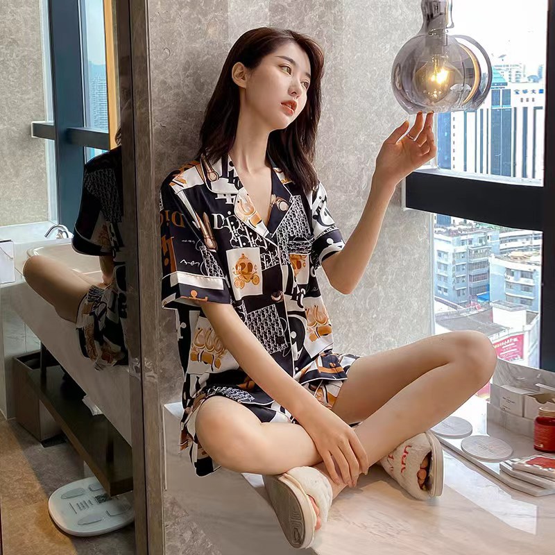 Sudeste asiático transfronterizo de verano de seda camiseta de hielo cardigan con solapa de manga corta ropa de seda set comercio exterior
