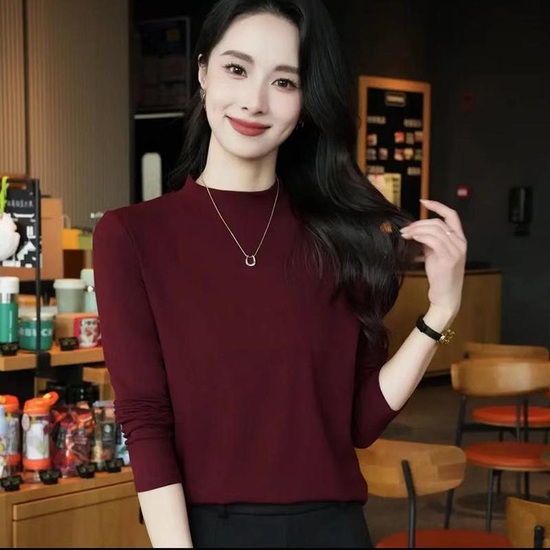 Modal Base Shirt 2024 Autumn New Women's Solid Color Fashion All-match Slim T-shirt Mid-collar Top Half-high Collar