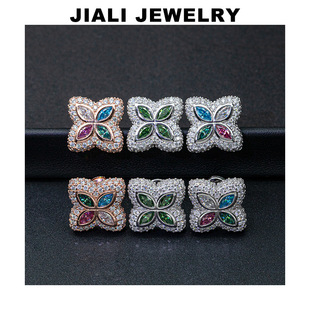 Four-leaf clover inlaid with colored moissanite earrings men's and women's high-end fashionable ruffian handsome S925 silver needle European and American hip-hop earrings