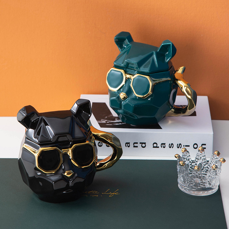 创意陶瓷酷狗杯新奇特造型杯日用陶瓷杯带盖马克杯卡通情侣咖啡杯