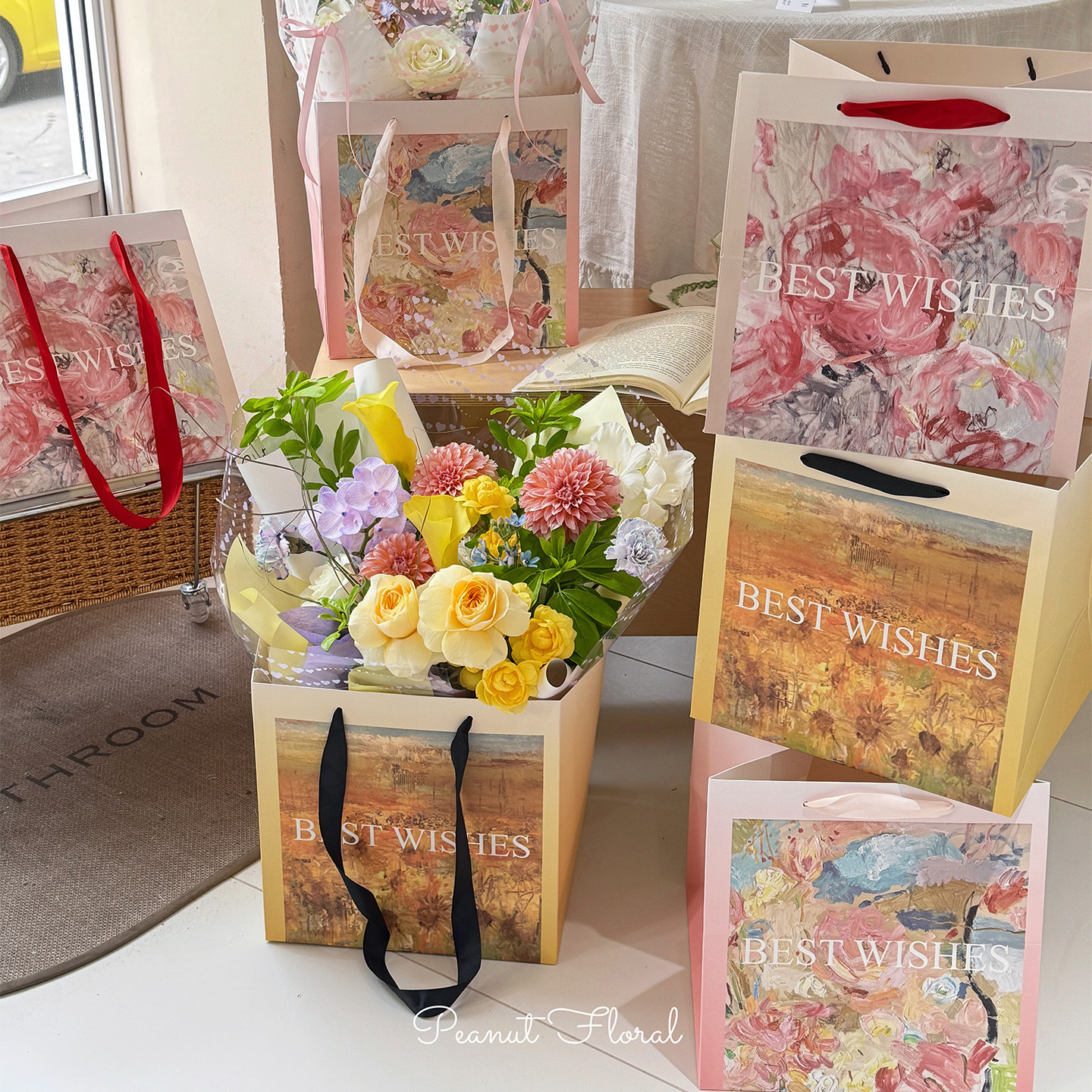 Nuevos productos amor jardín bolsas de mano estilo de pintura al óleo bolsas de flores espesar bolsas de regalo bolsas de mano materiales de arte floral