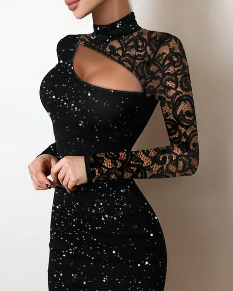 2022 European and American Amazon Lace Hollow-Out Fashion Dress, Shiny Highlight Knit Fabric Slim-Fit Bodycon Dress