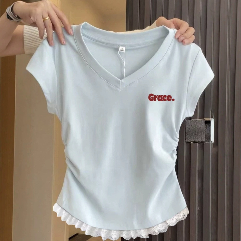 Unique and Beautiful Lace-Trimmed Slim-Fit Blouse 2026 Summer New Hot-Selling V-Neck Top Slimming Short-Sleeve T-Shirt for Women