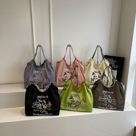 Cross-border Women's Bag 2025 New Nylon Embroidered Bag Fashion Large Capacity Portable Travel Bag Shoulder Bag Shopping Bag