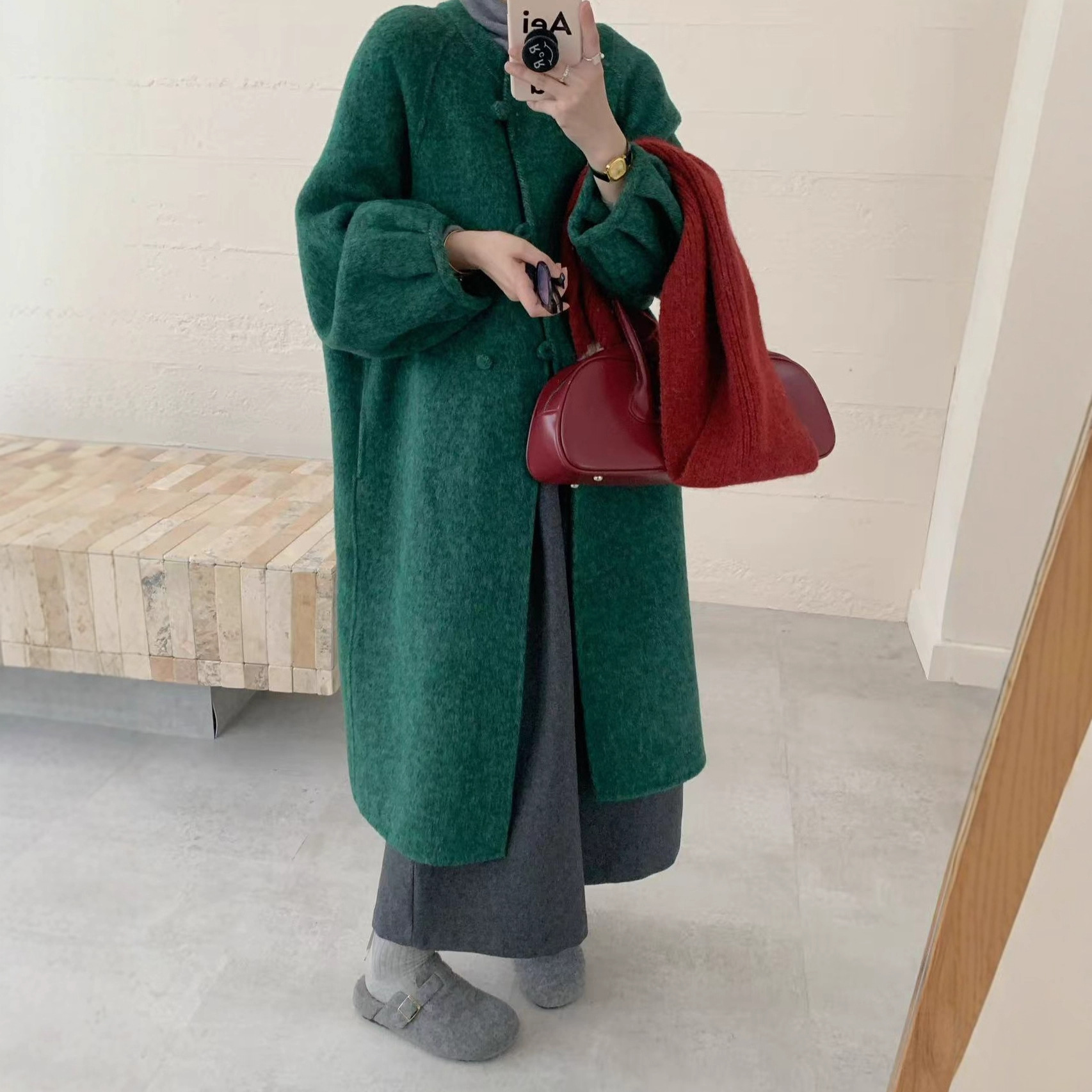 新中式简约宽松温柔风立领时尚百搭女加长款秋冬羊毛大衣新款女