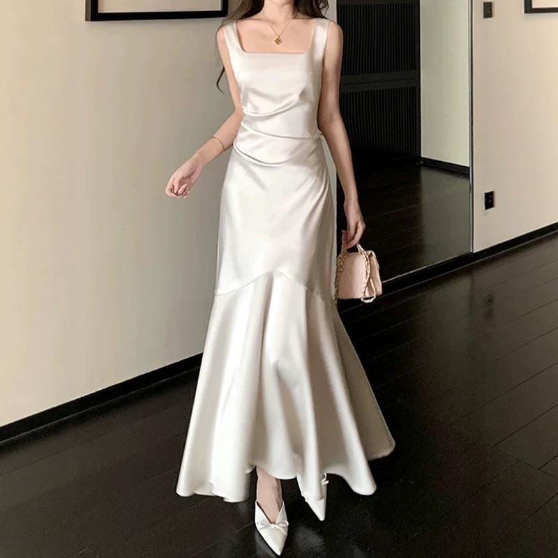 White Satin Suspender Dress for Women, Summer Fishtail Long Engagement Party Dress White Satin Suspender Dress for Women, Summer Fishtail Long Engagement Party Dress