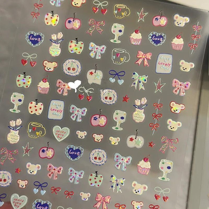 Cartoon Graffiti Cute Embossed Smiling Bear Nail Art Stickers Small Fresh Stereo Pen Holder Baby DIY Nail Stickers