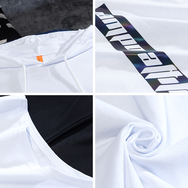 T-shirt senza maniche in cotone di cotone Xinjiang a fiocco lungo gilet maschile marea marca laser riflettente con cappuccio sciolto taglie forti T-shirt marea_voghion.com