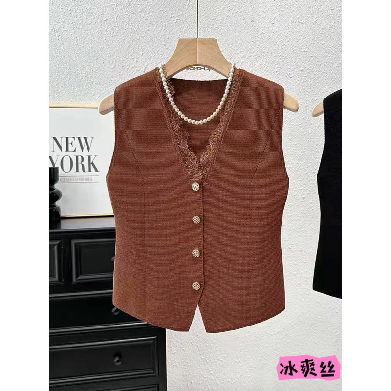Lace Splicing V-Neck Vest Women's Ice Silk Knitwear Summer New Elegant Sleeveless Top Slim French Vest