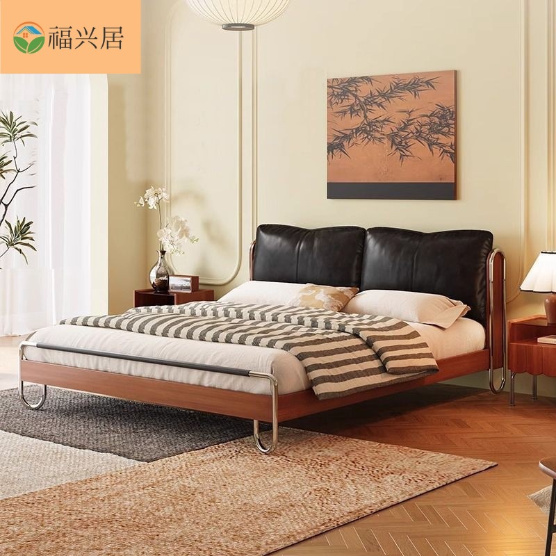 Flowing Shadow Soft Bed, Antique Style Boxwood Black Leather Bed, Home Bauhaus Master Bedroom Wedding Bed, Retro Solid Wood Bed