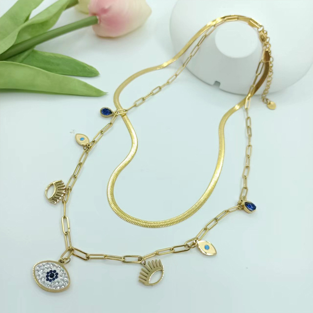 Fashion Devilu0027S Eye Stainless Steel Titanium Steel Plating Hollow Out Inlay Zircon Layered Neckl