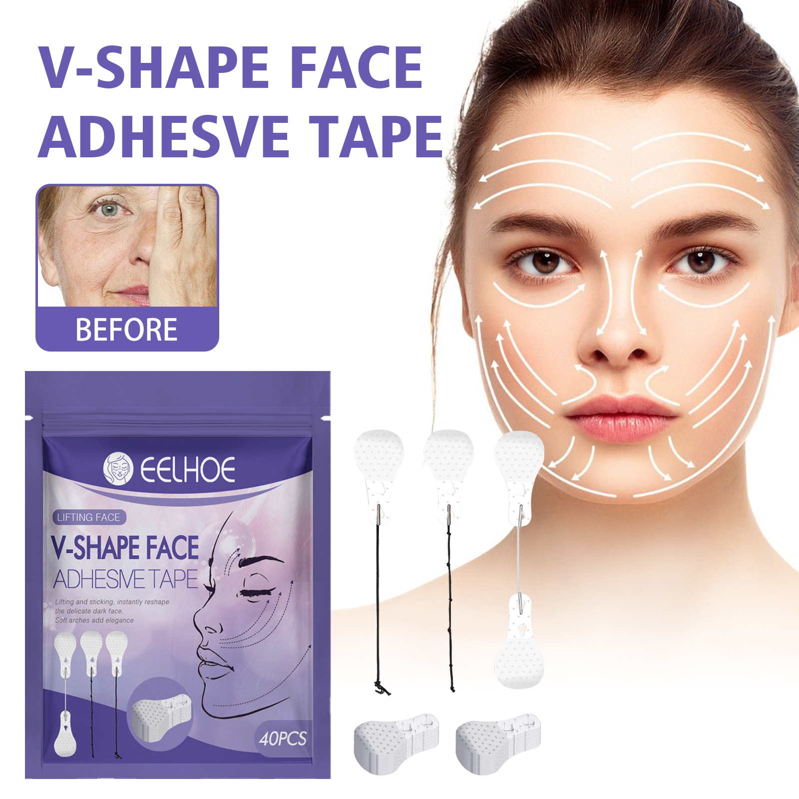EELHOE V-Shaped Face Lift Strips: Facial Lifting, Firming, Chin Tightening, Fine Line Reduction, and V-Shape Scalp-to-Chin Contouring for a Defined "Melon" Chin Look