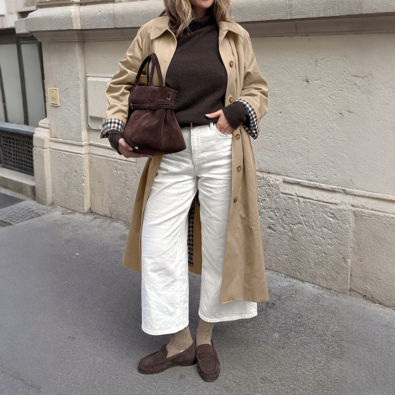 European Cross-Border Export 2025 New Retro Commuter Style Jacket Long Plaid Splicing Long-Sleeved Lapel Windbreaker for Women