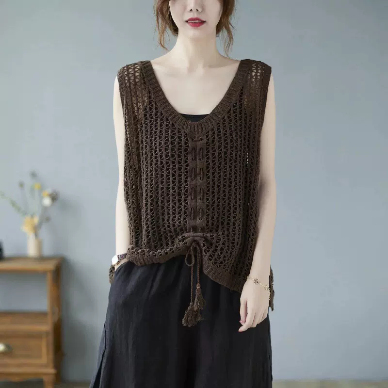 夏镂空勾花背心女宽松文艺复古蕾丝马夹无袖吊带网衫套头上衣罩衫