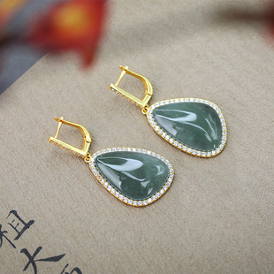 S925 Silver Plated Gold Inlaid Natural Jade Blue Water Jade Irregular Several Fashion Noble Ladies Ear Buckle Earrings