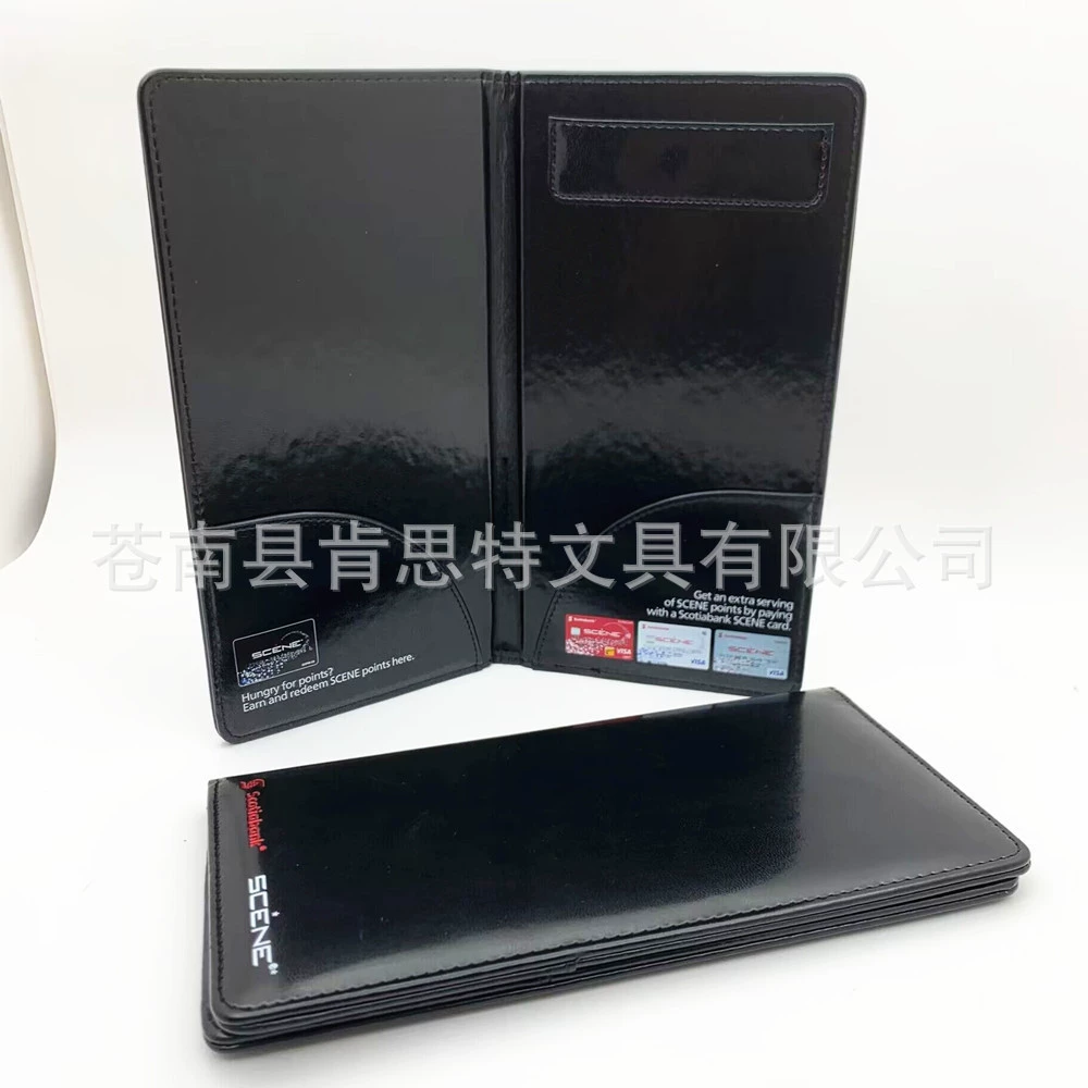 Тисненый логотип из белого золота, утолщенная кожа, одна клипса, черная глянцевая папка из искусственной кожи, производитель зажимов для меню