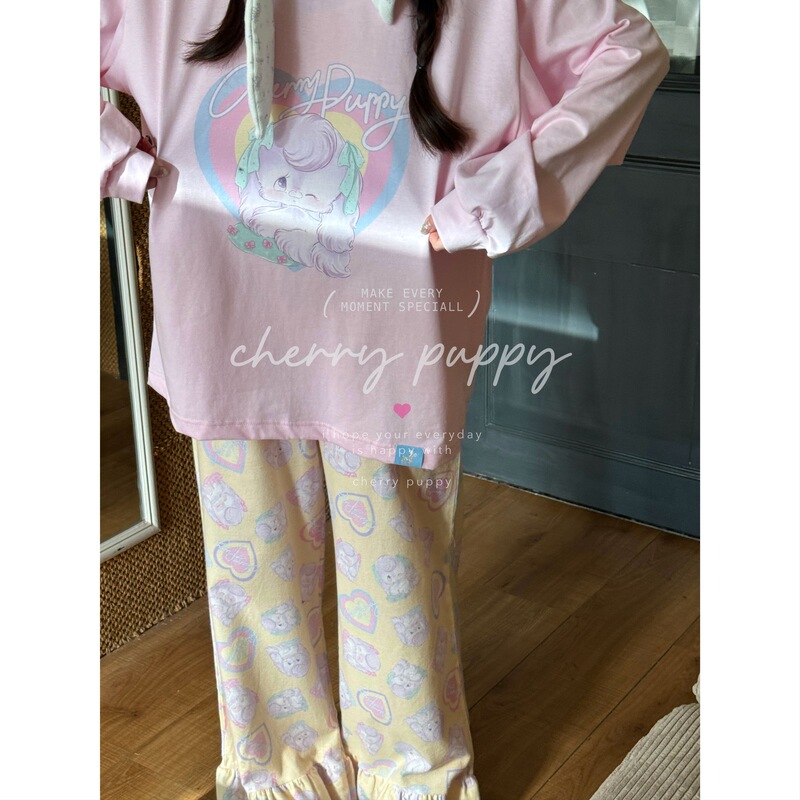 CHERRY PUPPY Curly Puppy Single Sweat Long Sleeve Cotton Pajamas Home Clothes Comfortable Outer Wear Loose Soft