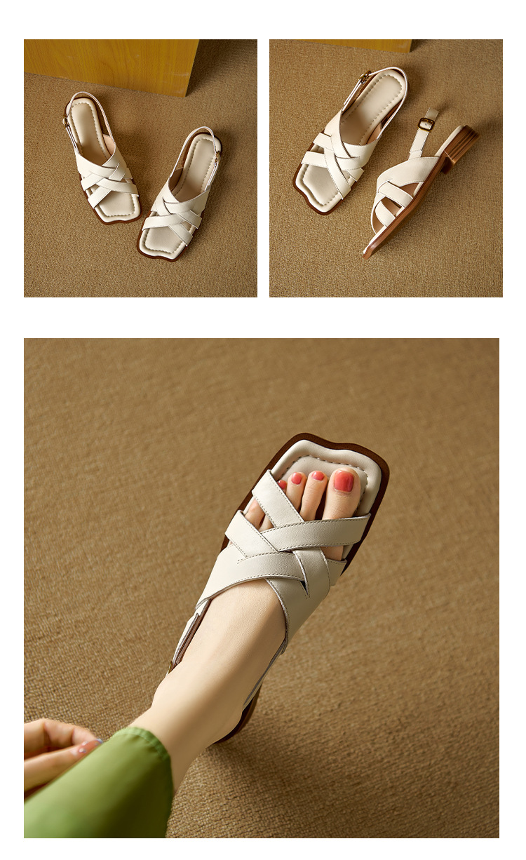 Dép sandal nữ da bò dệt thủ công kiểu La Mã đế bằng — nâu chi tiết 15