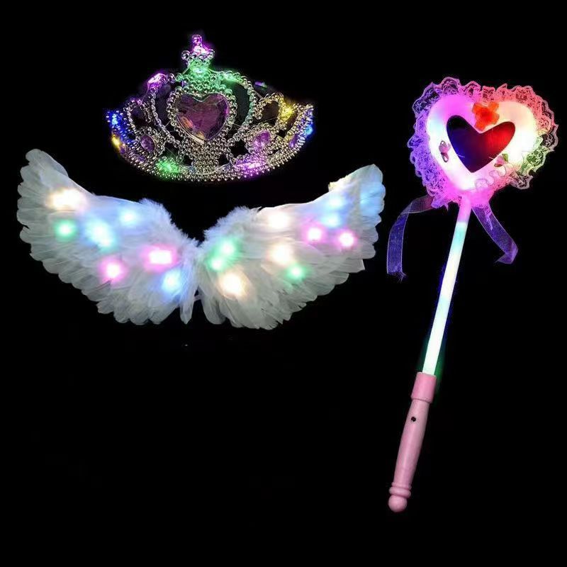 Alas de plumas luminosas blancas + Corona de luz + palo de encaje