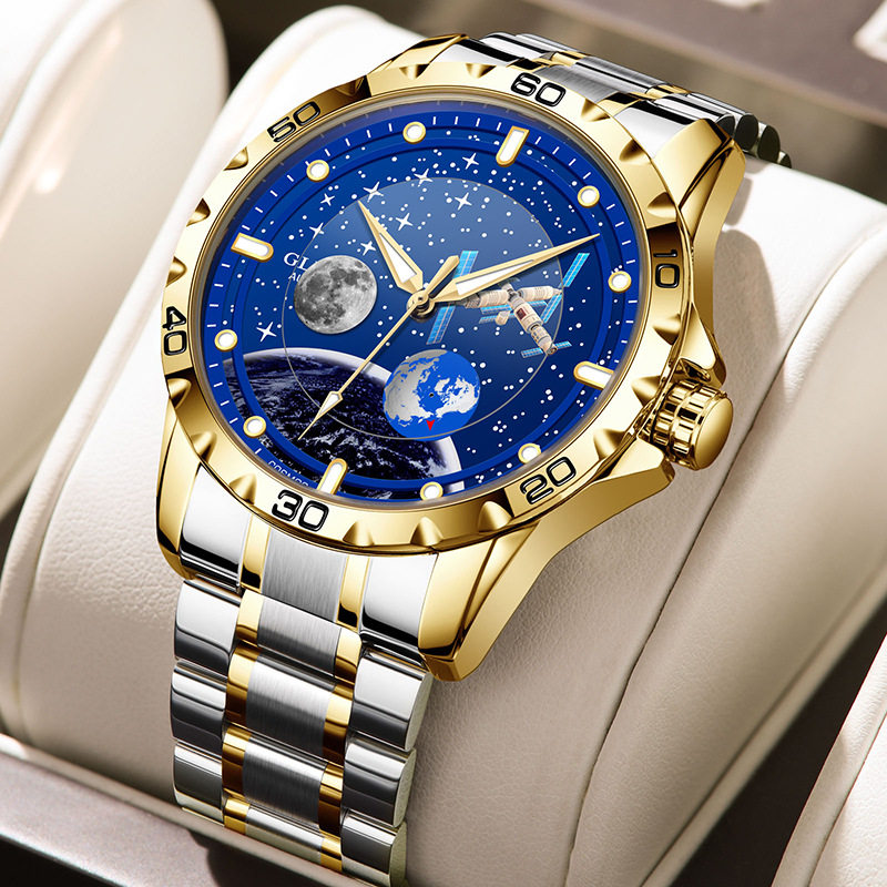 Đồng hồ nam automatic lộ máy dây thép cao cấp — Dây thép vàng Intershell, Dải thép bạc vỏ bạc