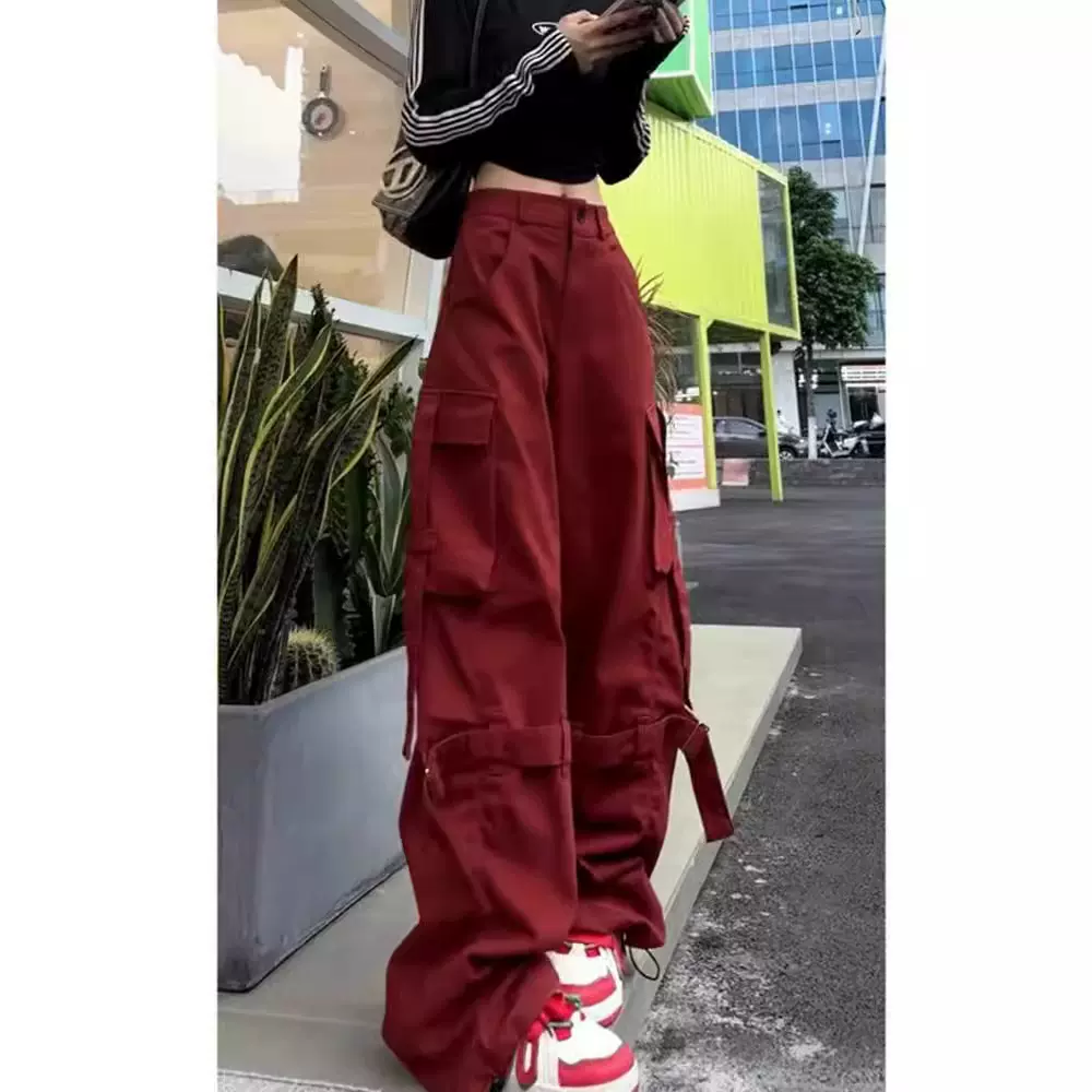 美式高街多口袋工装裤女春秋季新款直筒拖地阔腿裤休闲运动长裤子