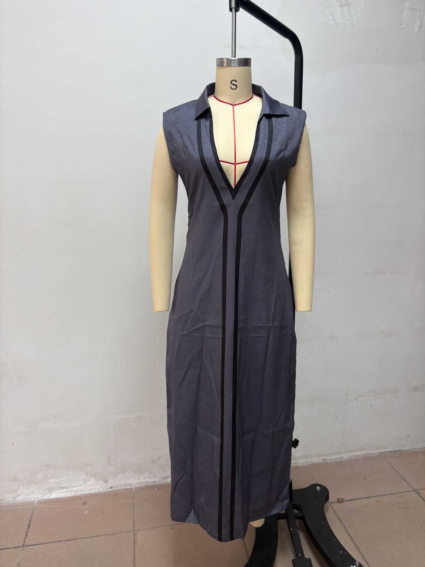 Elegant V-Neck Color-Block Casual Midi Dress For Women, Breathable Stretch A-Line Sundress For Daily Wear, Travel, And Office_ecoleips.com