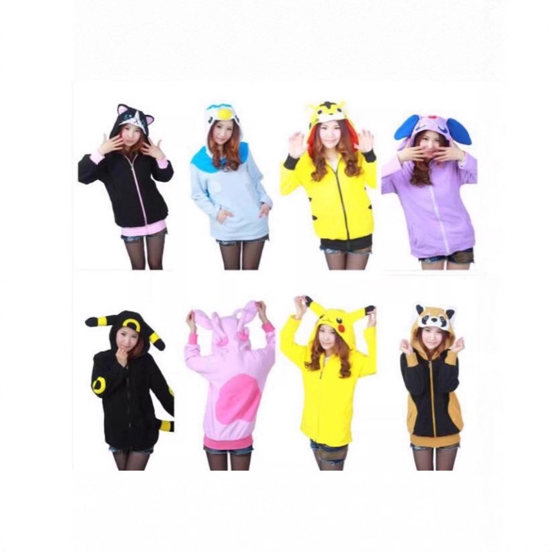 Cartoon Animal Hooded Sweatshirt Couple Polar Fleece Pikachu Fire Dragon Pegasus Fleece Sweater Black Pink Pig Dinosaur Moon Elf