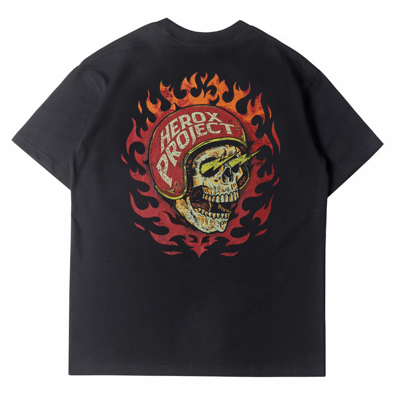 2026 Cross-Border American High Street Style New Short-Sleeve Motorcycle Style Flame Skull Print Round Neck Short-Sleeve T-Shirt Tee