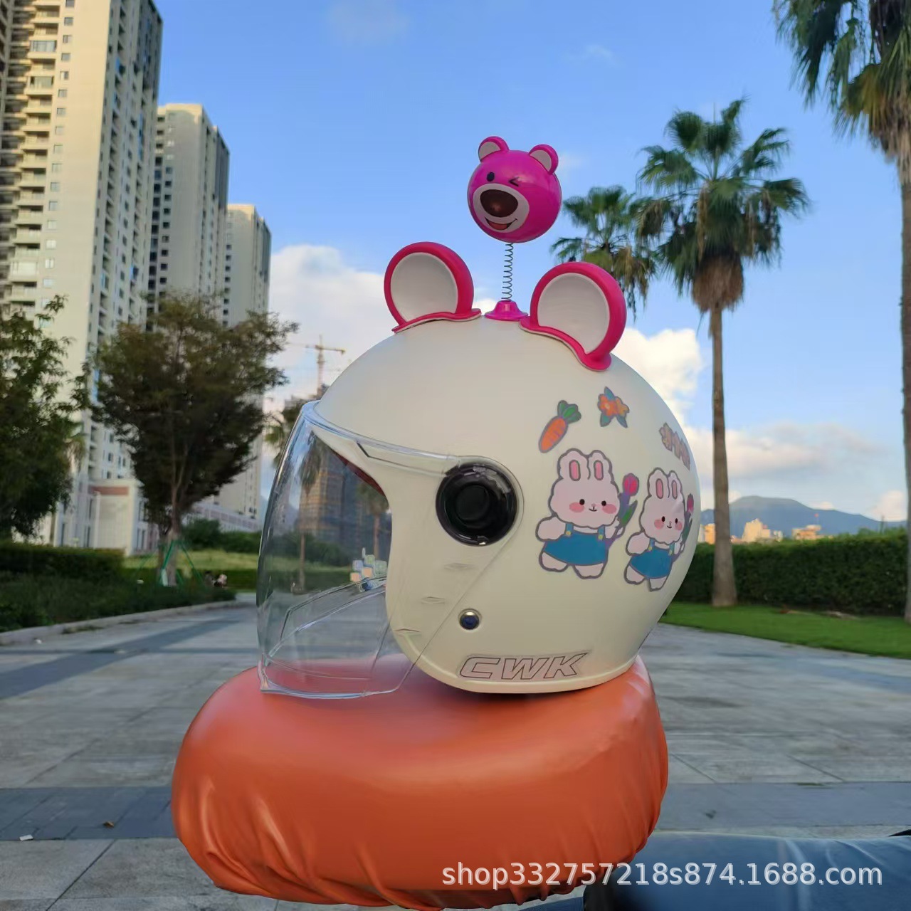 흰색 스트랩 토끼 + 투명 긴 거울 + 장미 붉은 곰 귀 + 점핑 곰