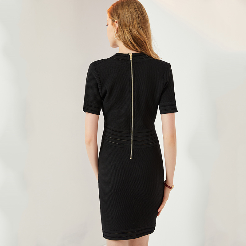Spring Knitted Short Sleeved V neck Dress Sheath Army Green Black Texture