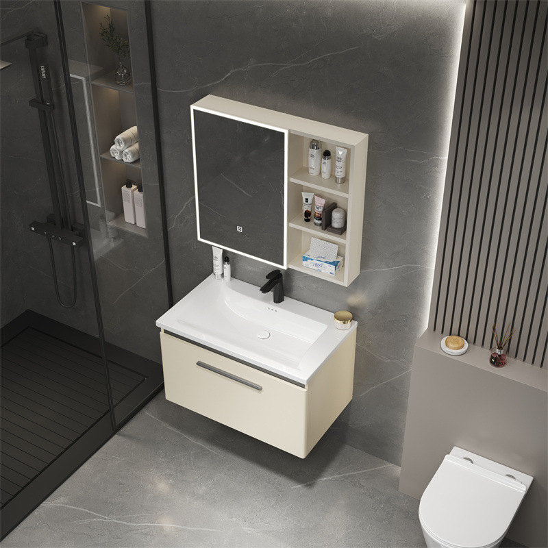 Moderno simple estilo crema de acero inoxidable inteligente espejo de maquillaje gabinete de cerámica integrado lavabo de baño gabinete de lavado de baño