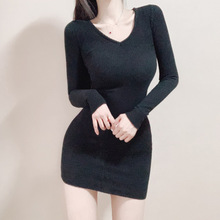 韩国东大门新品 女人味裸粉性感显身材修身圆领连衣裙