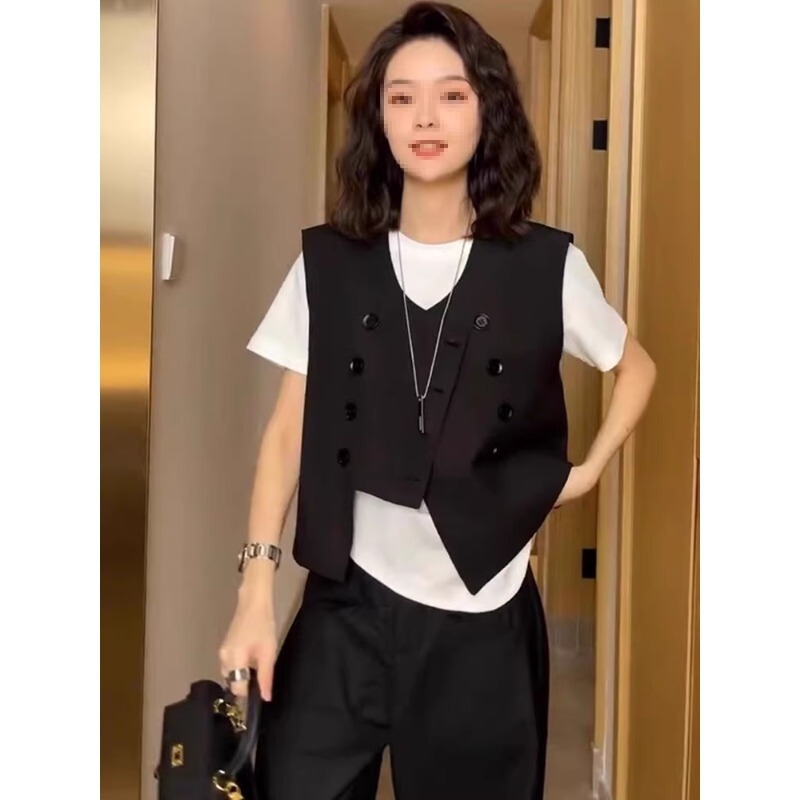 Design Sense Early Autumn Irregular Double-breasted Suit Vest Women's All-match Stacked Short Vest Short Jacket New Style Women