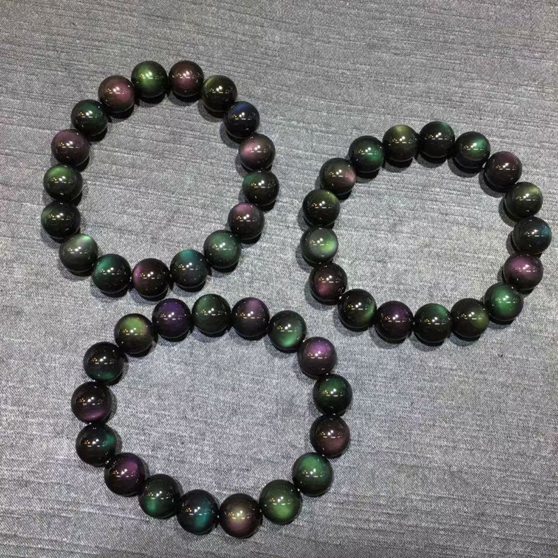 天然7A双眼彩虹黑曜石手链红蓝绿光黑耀石水晶单圈手串绿眼紫眼|undefined