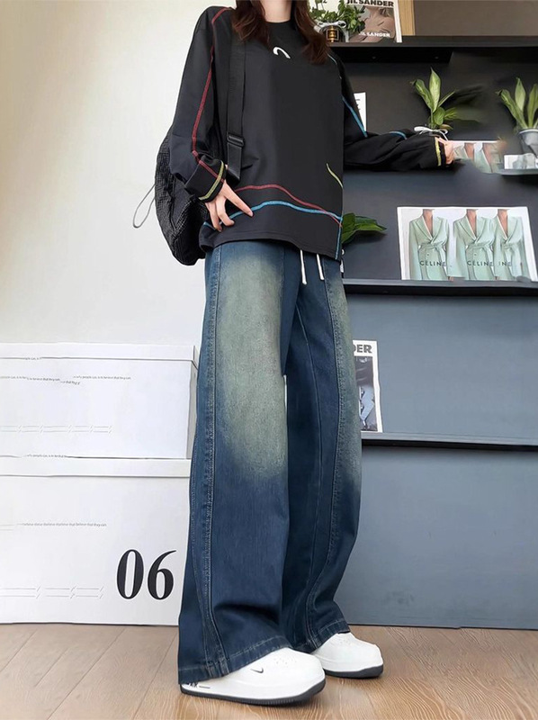 黑色设计感美式斜切明线牛仔裤秋季小众设计微喇裤子潮牌痞帅长裤|undefined
