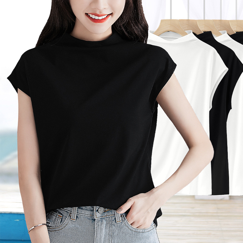 여성 여름 새로운 탑 블랙 작은 목 어깨 소매 티셔츠 슬림 핏 네트 에디션 간단한 올 매치 얇은 티셔츠