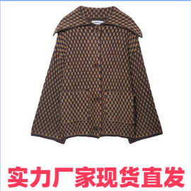 NSSF 自制 欧美女装秋冬新款大翻领老钱风复古提花口袋毛衣外套