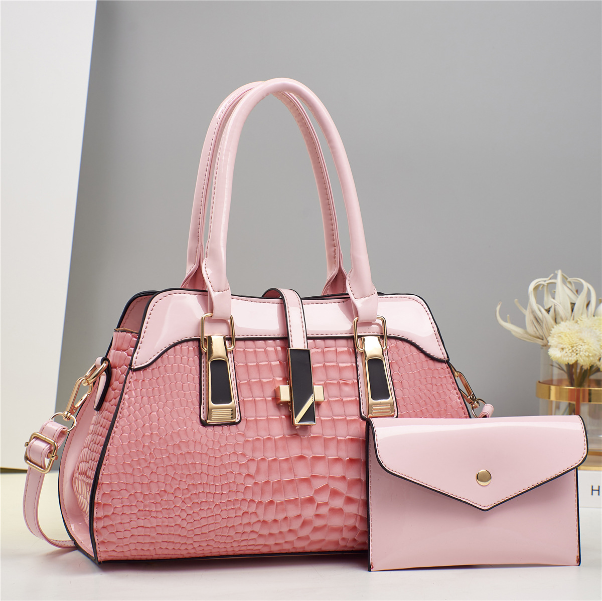 Taizhou Women's Handbag Patent Leather Top Handle Bag With Matching Pouch Crocodile Embossed Shoulder & Crossbody Bag - Thumbnail 7