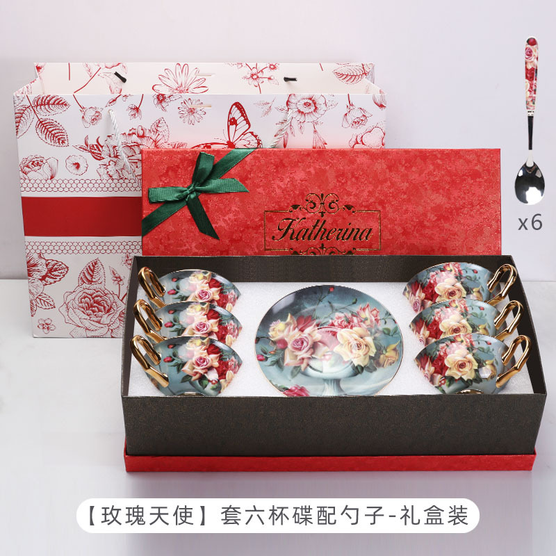 Caja de regalo de nuevo regalo de bodas de cerámica de hueso europeo, taza de café y plato, caja de regalo de boda de nuevo regalo de mano, caja de regalo de graduación