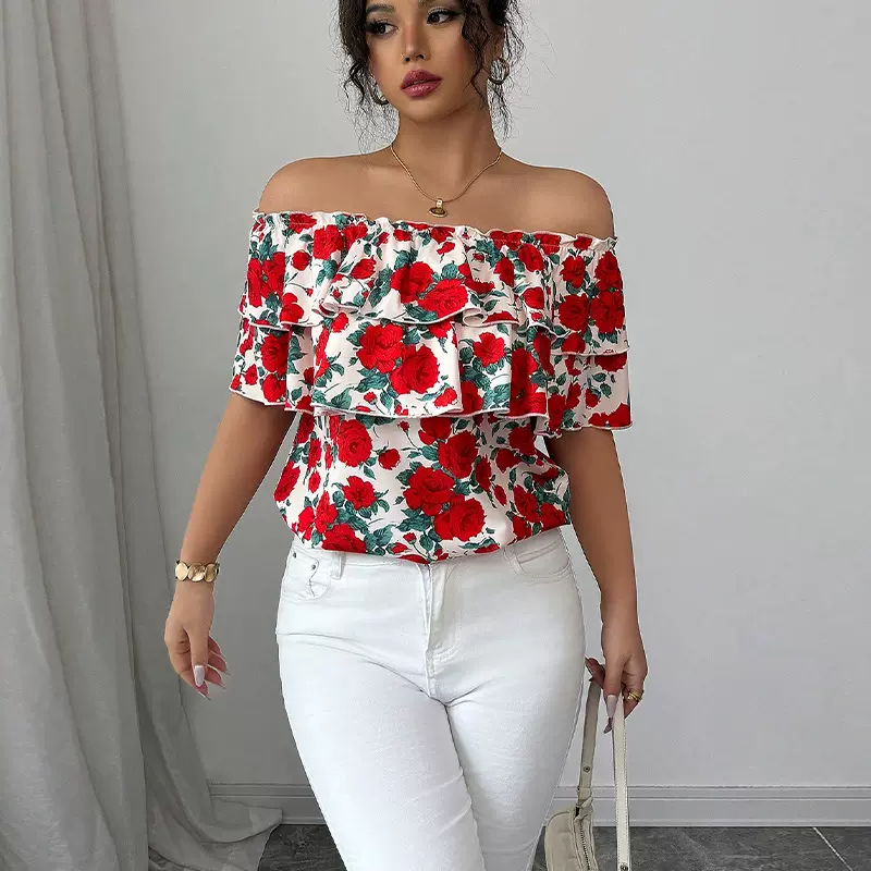 跨境亚马逊外贸2025夏季欧美度假风一字肩短袖衬衫双层荷叶边女装